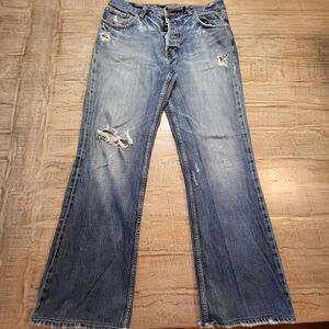 Sacred Blue Mens 32x31 Button Fly Boot Cut Distressed Denim USA Made